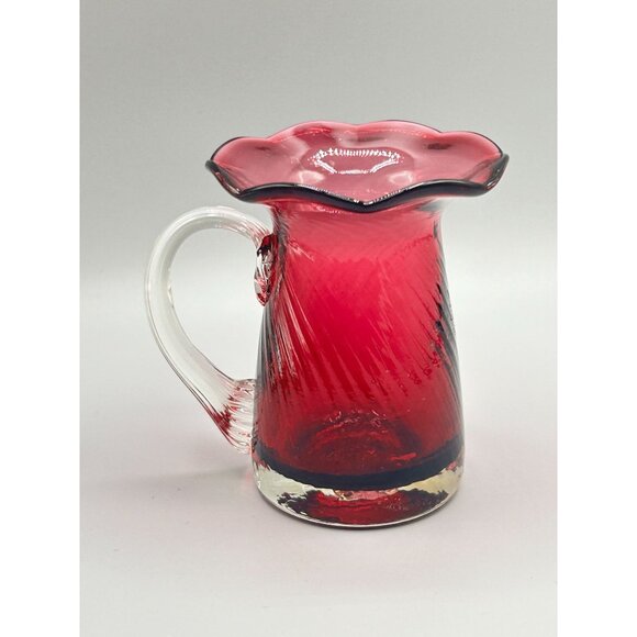 Midcentury Modern Hand Blown Cranberry Glass Miniature Flower Pitcher Vase - Picture 2 of 8
